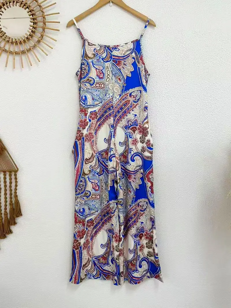 Moda femenina europea y americana, pantalones de tirantes florales de comercio exterior, mono de pierna ancha con tirantes