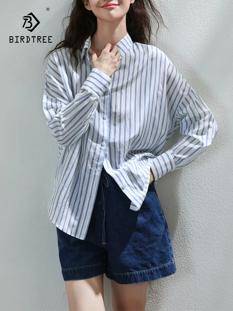 BirdTree, 30%Natural Silk Elegant Shirt, Women Long Sleeve Striped, French Vintage Commute Blouse, 2024 Summer Fall  T47713QC