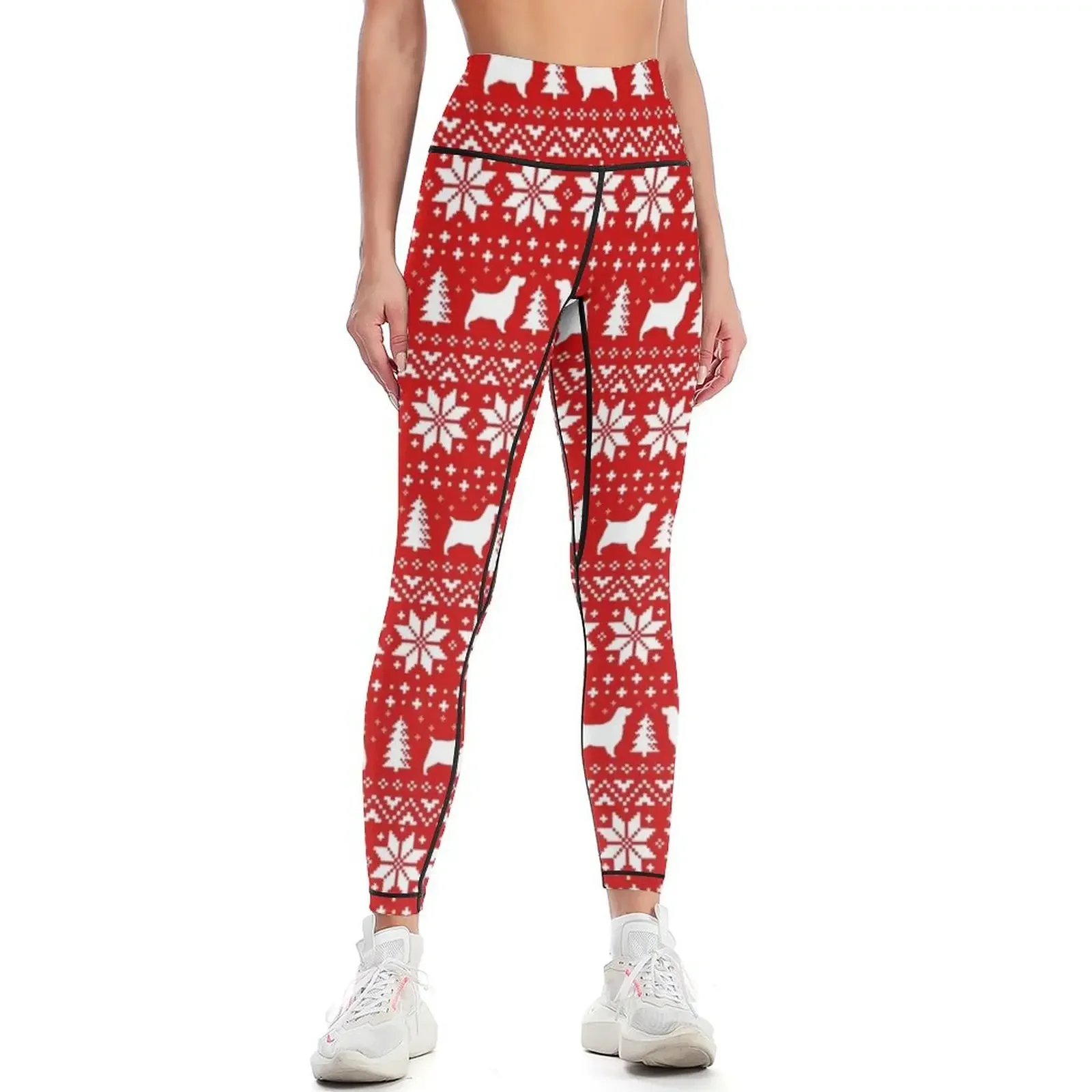 English Springer Spaniel Silhouettes Red and White Christmas Holiday Pattern Leggings gym sportswear woman Womens Leggings