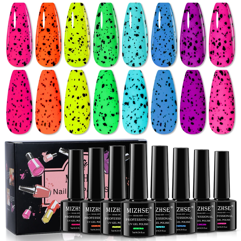 

MIZHSE 7ML/8PCS Neon Eggshell Gel Nail Polish Spring Fluorescence Color Quail Luminous Egg Effect Glitter Nail Art Gel Top Coat