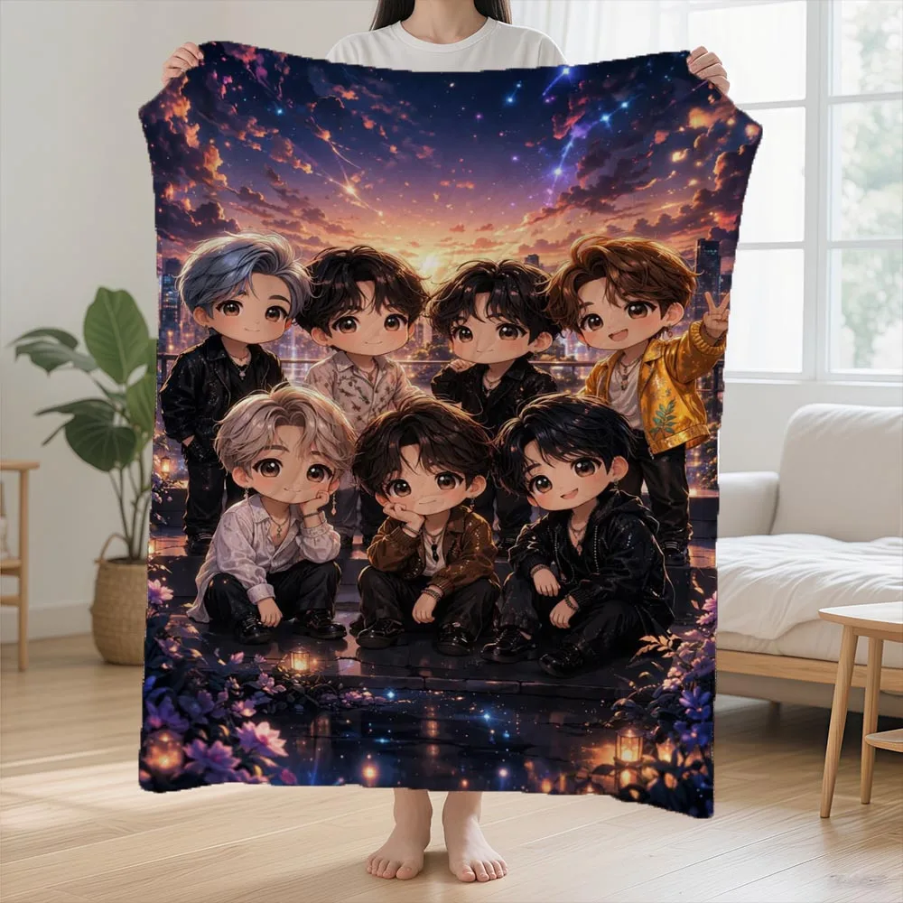 Cute Anime Boy Friends Group Galaxy Starry Night Throw Blanket Plush Fleece Polyester Decor Cozy Home Gift for Bedroom Living Ro
