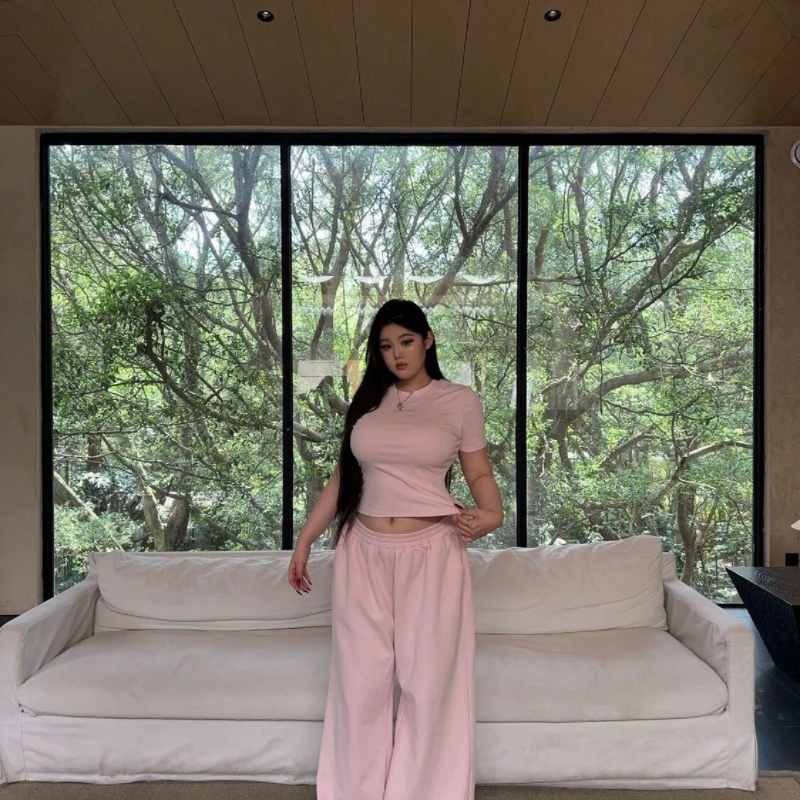 

Spring Summer Two-Piece Suit Women 2026 New Fashion Loose Casual Trouser-Suit Large Size T- Shirt Pure Colour Tops Female