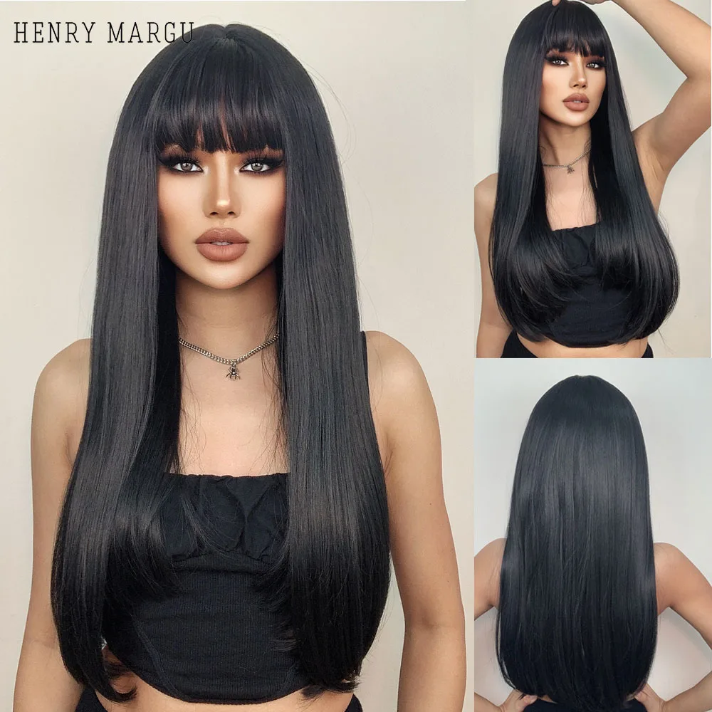 HENRY MARGU Long Black Straight Synthetic Wigs Natural Daily Bob Hair Wigs for Women Cosplay Lolita with Bangs Heat Resistant