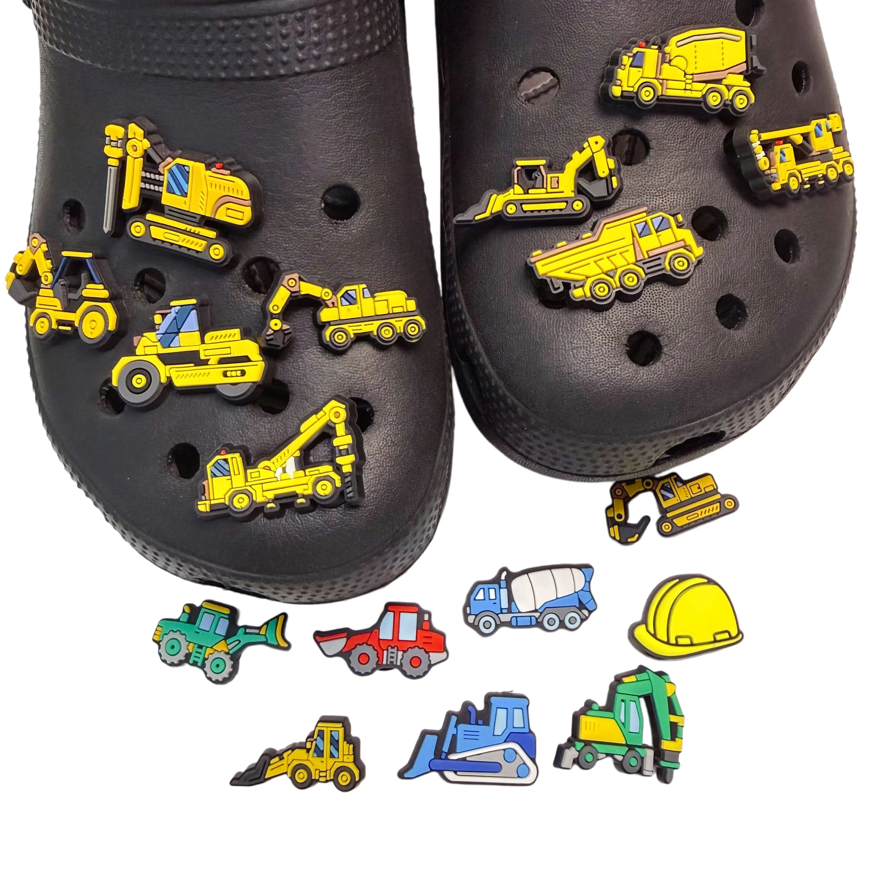 17pcs Cartoon Engineering Vehicle Excavator PVC Shoe Charms For Clogs Pins Garden Sandals Shoes Accessories Decoration Xmas Gift