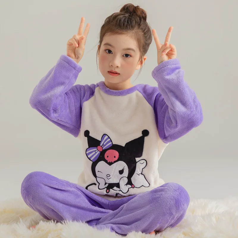 

Kawaii Sanrio Autumn and Winter Children Kuromi Cinnamoroll Pajama Set Girls Anime Cartoon Flannel Warm Home Clothes