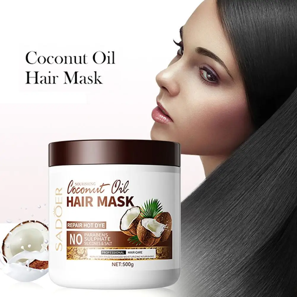 Mascarilla para el cuidado del cabello, de 500ml aceite de coco, larga duración, brillo hidratado, acondicionador sin aclarado, alisado, Frizz, daño, tratamiento seco