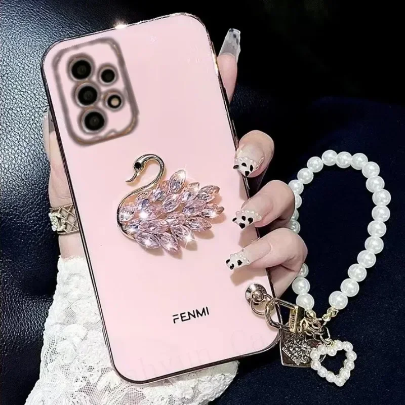 Dustproof Rhinestone Phone Case for Samsung Galaxy, Swan, Pearl Bracelet, Heart, A53, A73, A32, A51, A71, A72, A52, A33 Series