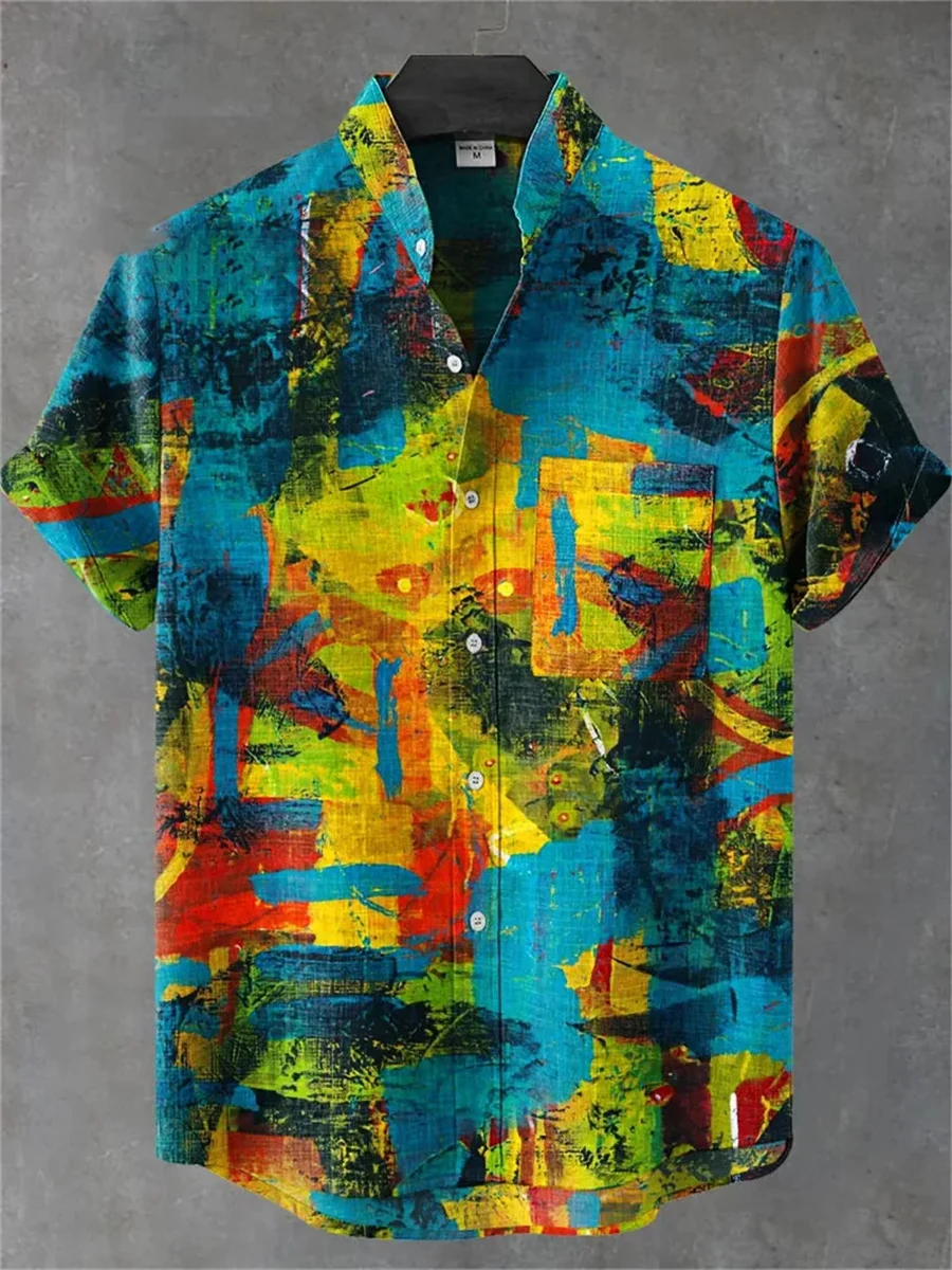 2025 Men's Linen Casual Shirt Fashion Wave Print Harajuku Shirt Summer Festival Party Fashion Hawaiian Shirt Street Men's