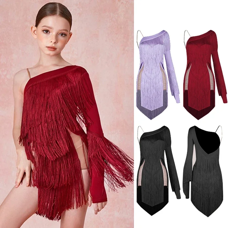 

ZYM Tassel-One-Sleeved Latin Dance Dress Girls Competition Clothing Kids Cha Cha Rumba Samba Performance Dance Costume DNV21735