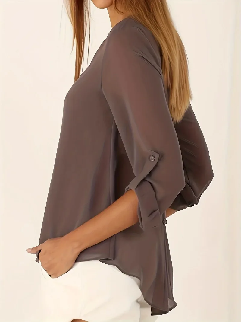 Plus size nova moda feminina manga comprida decote em v com botões irregulares na parte traseira camisa feminina outono
