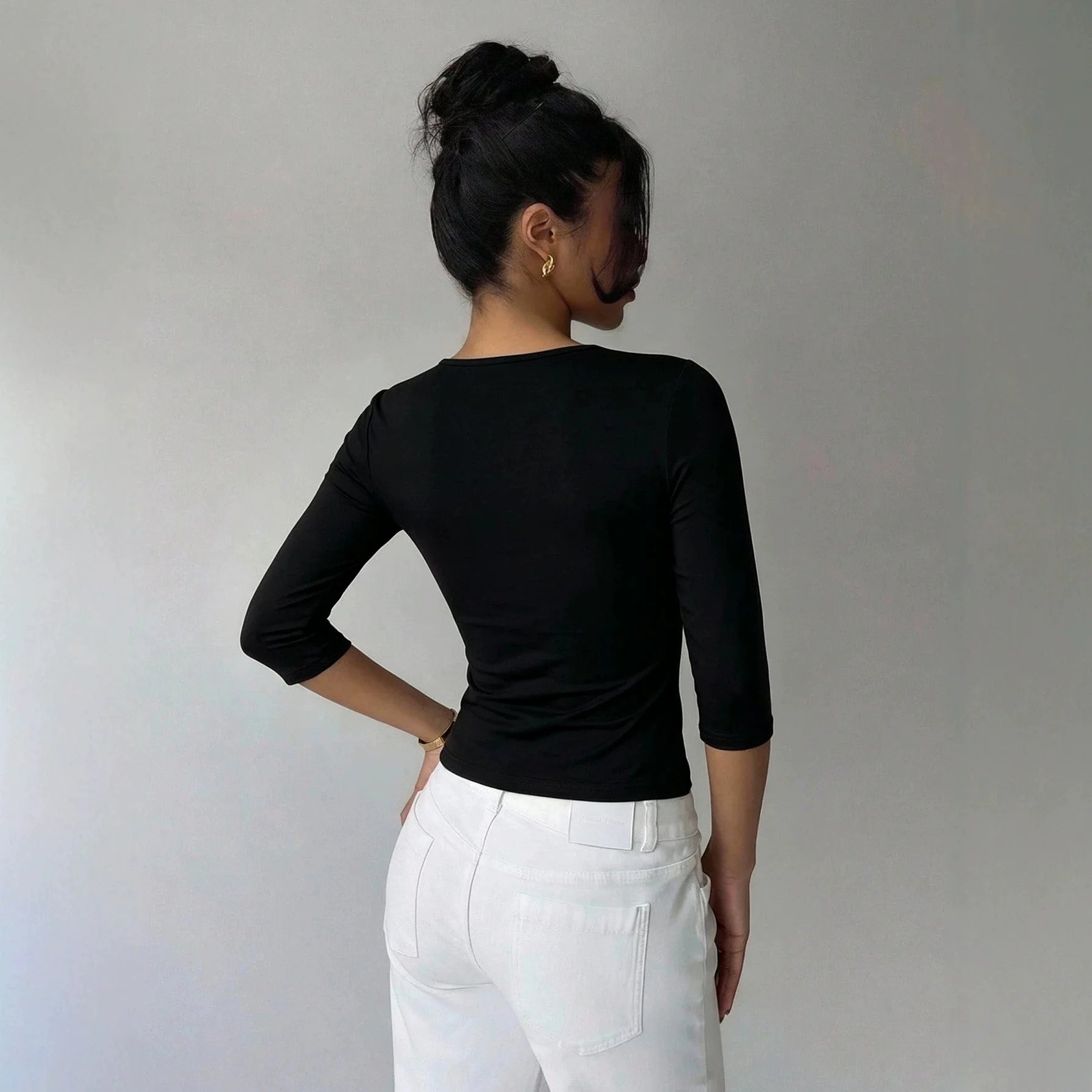 New Black Lace V Neck Short Sleeve Top Women Twist Front Slim Fit Crop T Shirt