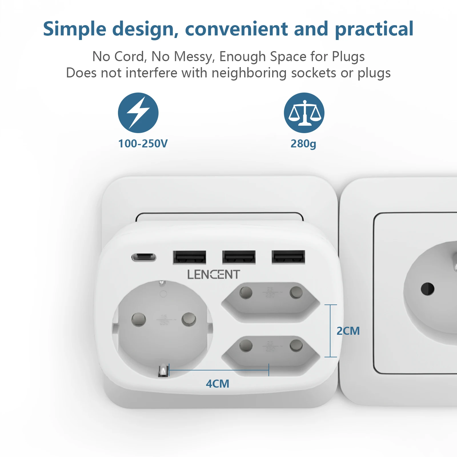 LENCENT EU Multiple Wall Plug 7 in 1 Socket with 3 AC Outlets 3 USB Ports and 1 Type C Multiple Plug Adapter for Home and Office