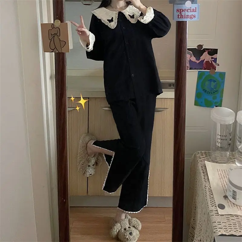 Pajama Sets Women Sleepwear Ins Korean Peter Pan Collar Long Sleeve Home Black Chic Autumn Full Length Sweet Lovely Female Pjs