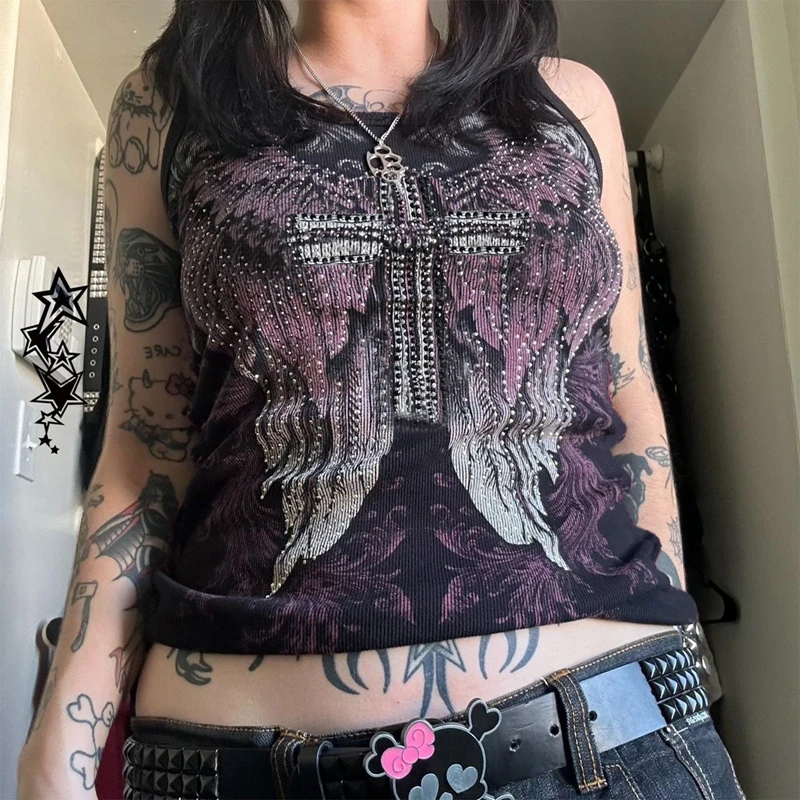 

Mall Goth Cyber Graphic Wings Rhinestone Print Tank Top y2k Japanese Style Art Tee Women 2000s Vintage Punk Vest Streetwear