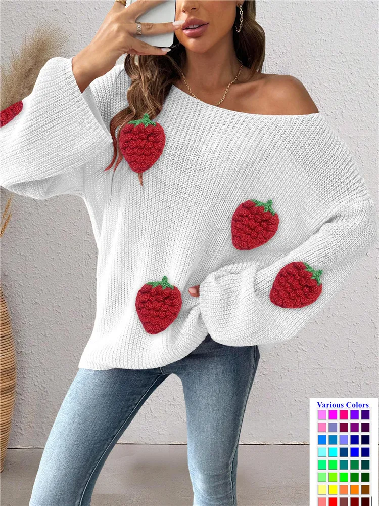 

Women's Cut Design Pullover Sweater Casual Full Sleeve O-Neck Top with Strawberry Print White Autumn Street Outwear Lady Crochet