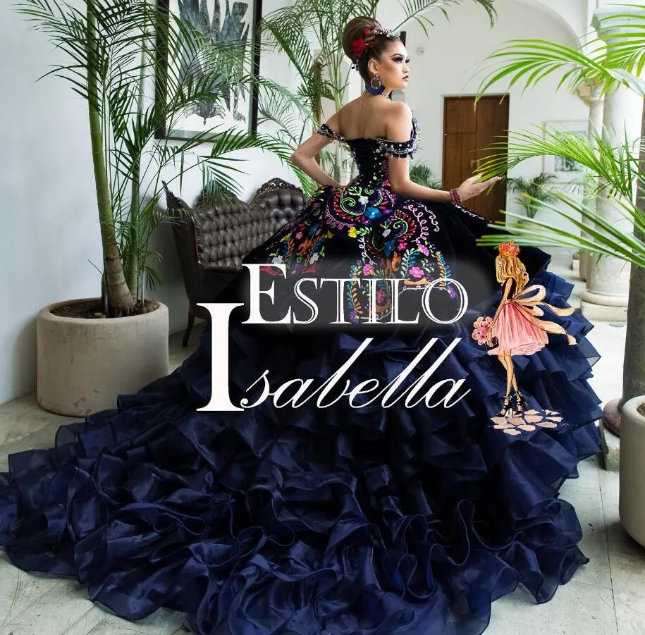 Navy Blue Mexico Enlapiel Quinceanera Dress Floral Embroidery Corset Ruffles vestidos de 15 quinceañera customsized Sweet 16