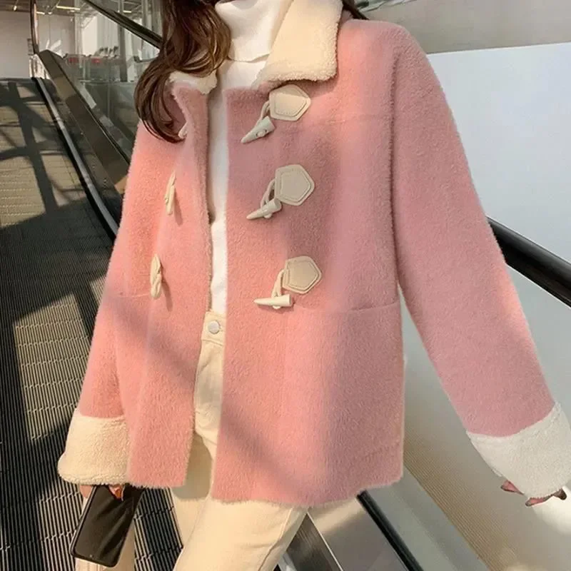 Women's Coats Thickened Blue Single Row Cow Horn Button Casual Reduced Age Woolen Coat Lady Clothing