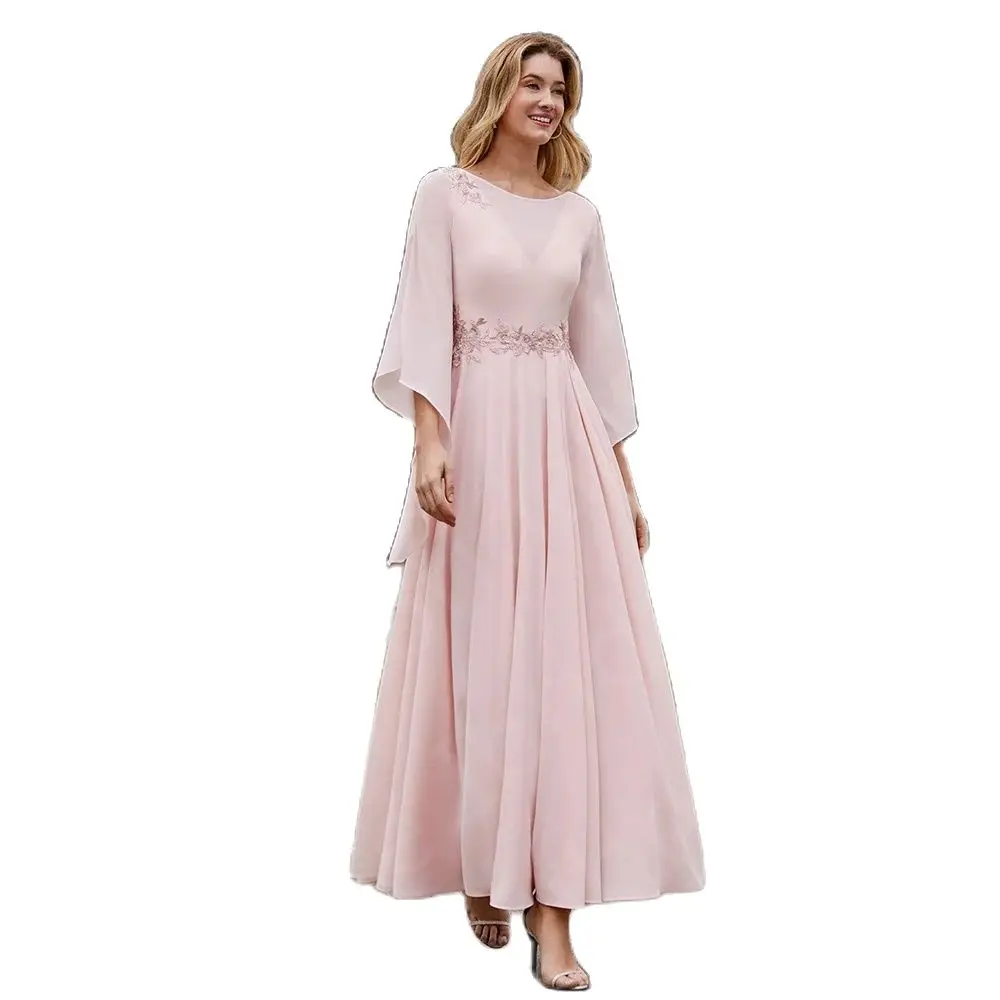 Robe de mariée en mousseline de soie rose, robe d'invité de mariage, appliques de manches 2023, longueur de rinçage, dernière charmante mère, quelle que soit la mariée, 3/4