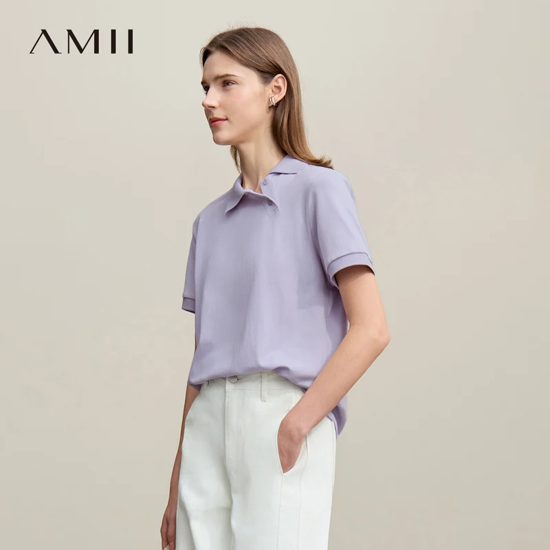 Amii Women's Polo Shirt 2026 Summer Asymmetric Placket Short Sleeve Tee Lapel Collar Casual Layering T-Shirt For Women 12622015