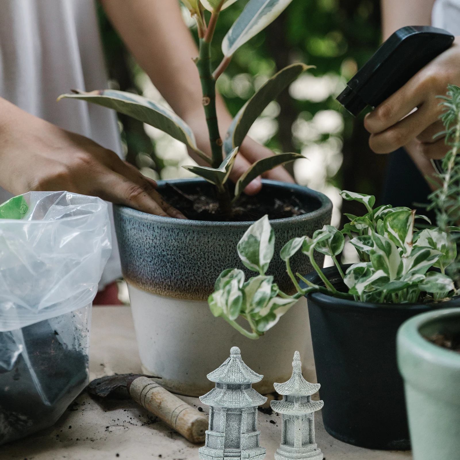 

3pcs Sandstone Stone Pavilion Micro Landscape Ornament Desktop Craft For Decoration Light Grey Mini Bonsai Decor