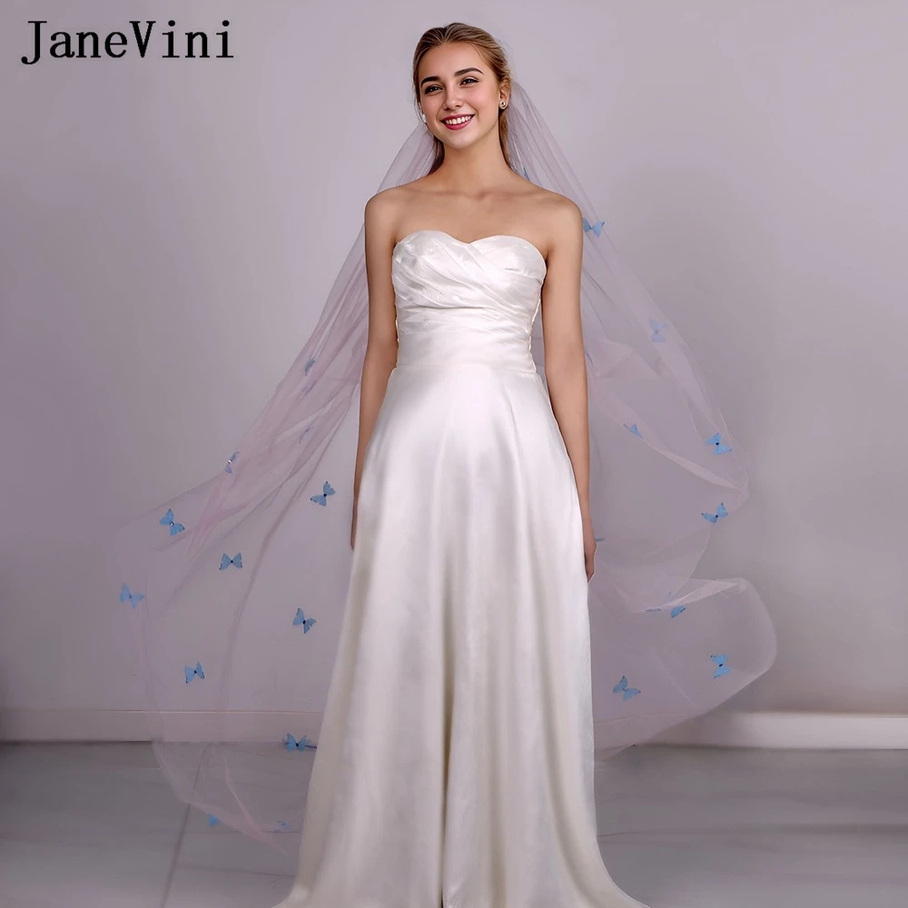 JaneVini 2024 Pink Tulle Bridal Veils With Blue Butterfly Long Wedding Veils For Bride Hair Comb One Layer Ivory Voile De Mariee