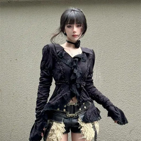 

Harajuku Vintage V-neck Black Shirts Women Spring Autumn New Slim Waist Ruffles Blouses Y2k Grunge Casual Long Sleeve Tops 2025