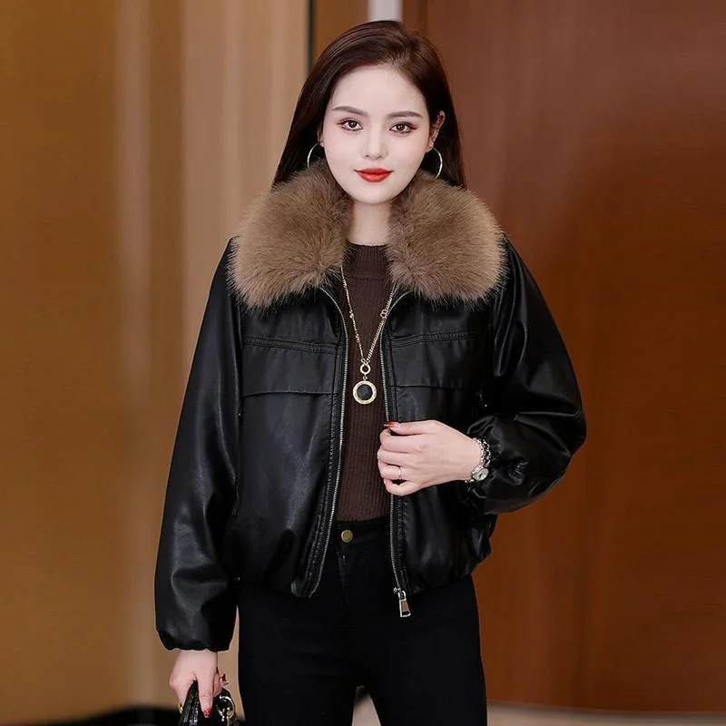 Winter Ladies Detachable Fur Collar Cotton Outwear Female Long Sleeves PU Leather Jacket Autumn Women Short Faux Leather Coat