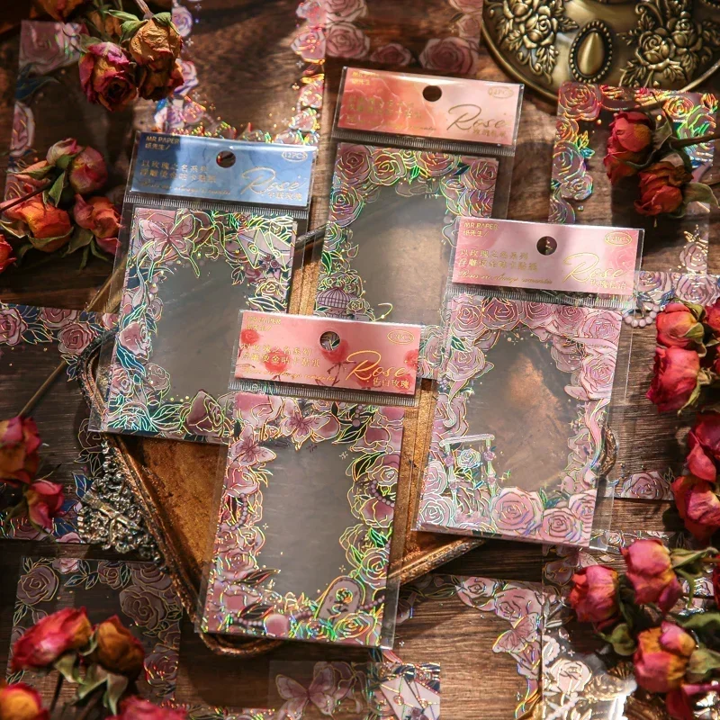 12Sheets Rose Card Stickers literary Flowers Material Base Border Supplies Decoration Package gift Scrapbook Cut 95*65MM