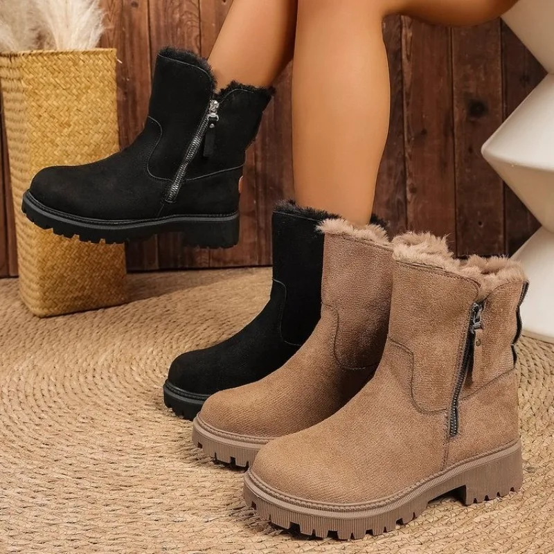 Thick Plush Women Snow Boots Faux Suede Non-slip Winter Boots Woman Keep Warm Cotton Shoes Comfortable Platform Ankle Booties