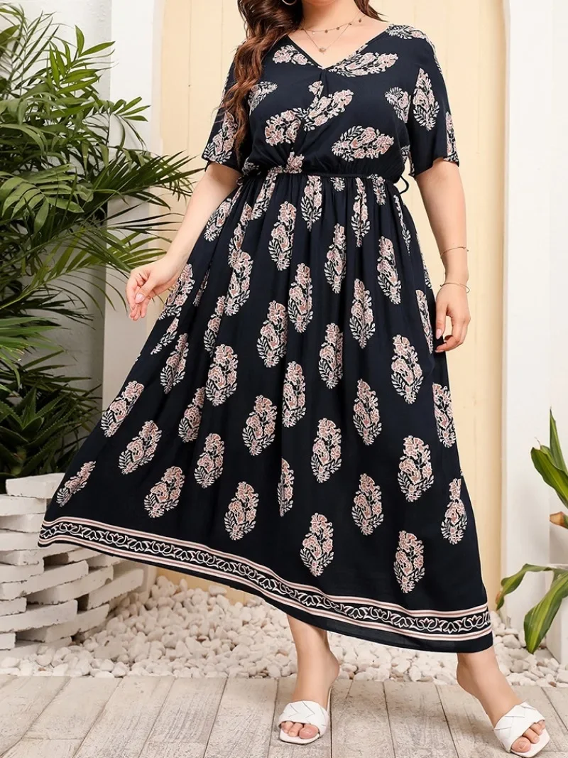 Women\'s Plus Size Fashionable Loose V-neck Dress Casual Comfortable High Waisted Long Skirt Seaside Vacation Style Beach Skirt