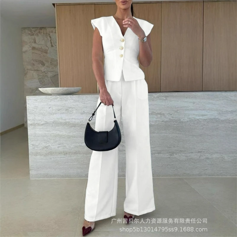 

Solid Vest Pant Set Women Matching Sets Sleeveless Two Pieces Set Single Breasted Vests Blazer Slim Pants Straight Casual 2025