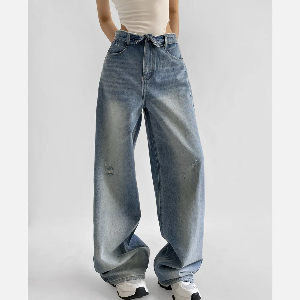 3 colors 2025 Baggy High Waist Ripped Hole Straight Wide Leg Jeans Retro Women Asymmetric Pocket Loose Denim Pants Long Trousers