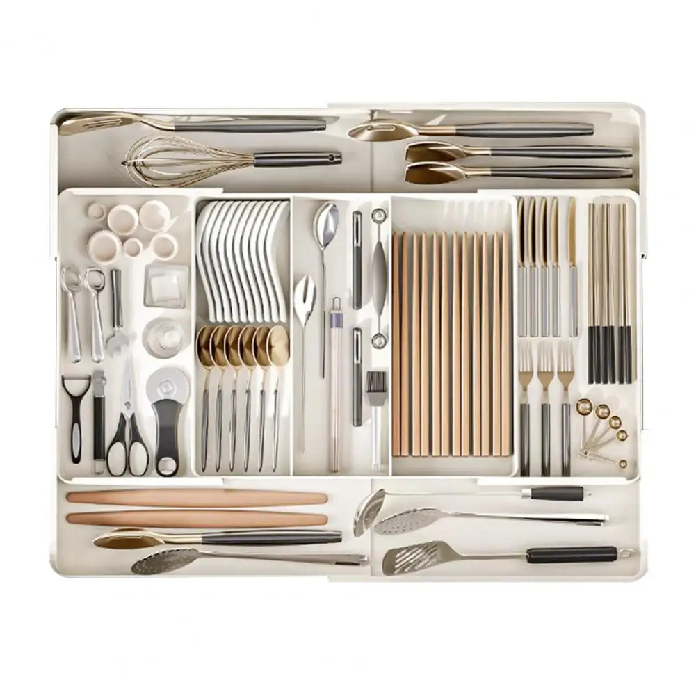 Drawer Storage Box Kitchen Utensil Organizer Expandable Telescopic Tableware Storage Box with Multi Compartments for Forks