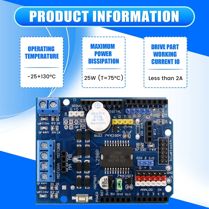 L298P DC Motor DC وحدة لوحة درع ، L298P ، 2A ، جسر H مزدوج ، اتجاهين ، Arduino UNO R3