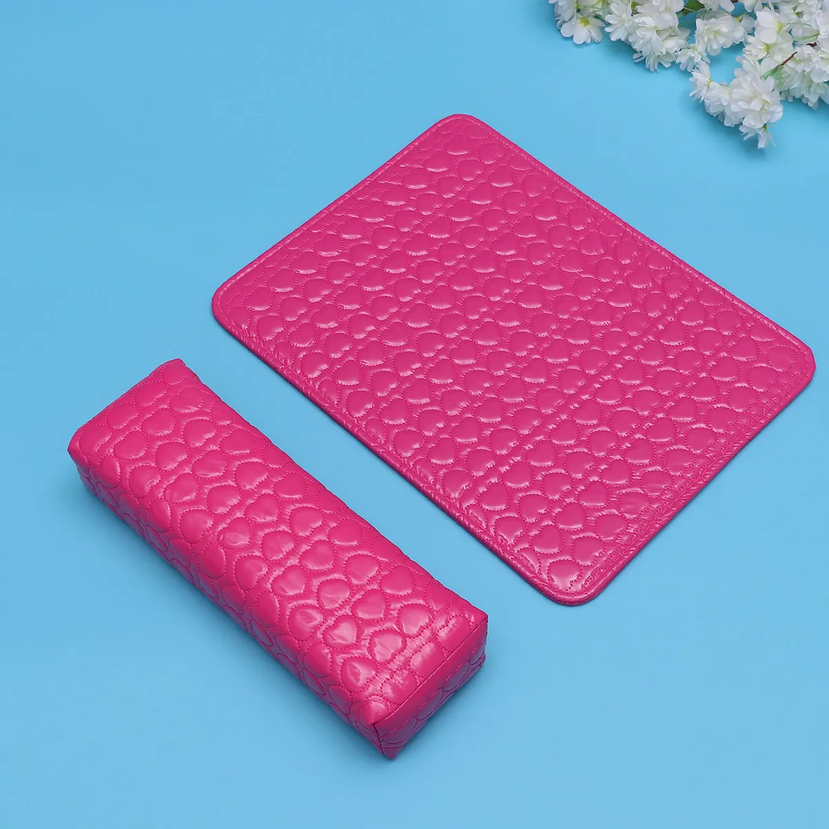 Square Wrist Cushion Set for Nail Salon PU Surface Memory Foam Interior Heart Pattern Rosy Color Manicure Hand Pillow