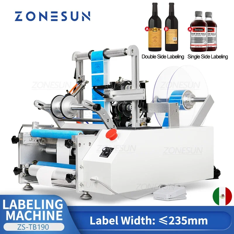 ZONESUN Automatic Bottle Labeling Machine Single Double Side Sticker Juice Round Bottle Label Applicator with Dater ZS-TB190