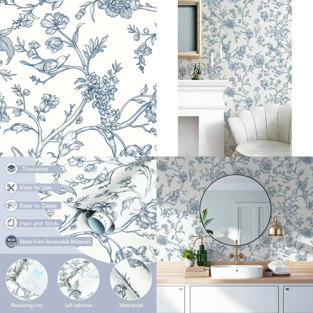 Papel de parede removível com pássaros florais, azul e branco, papel de contato autoadesivo para paredes