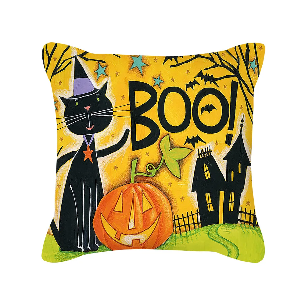 Halloween Decorative Couch Cushion Cover 45x45cm Cute Square Pillowcase Cartoon Pumpkin Castle Skull Cobweb Printed Pillow Cover