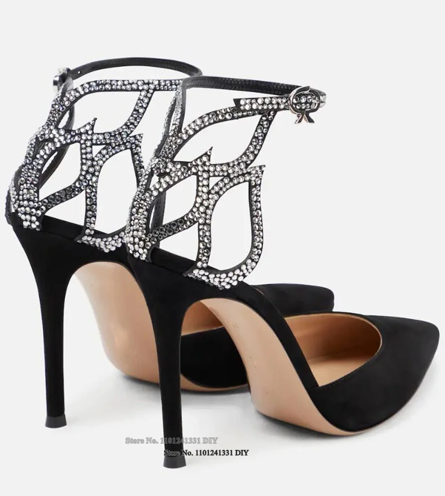 Crystal Embellished Black Suede Leather Thin High Heel Pumps Women Pointed Toe Bling Glitter Sling Back Dress Shoes