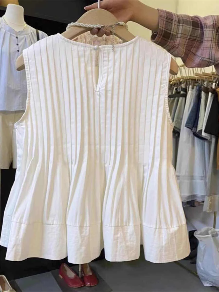

Summer New Design Sweet Pure Color Pleated Svel Doll irt Vest Top Women's Korean Sle Straight Cut Commute Faion