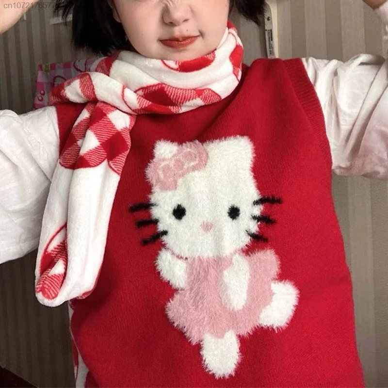 Sanrio Hello Kitty Red Sleeveless Knitted Sweater Vest Women\'s Cute Cartoon Pattern Autumn Knitwear Shirt Vest Clothes