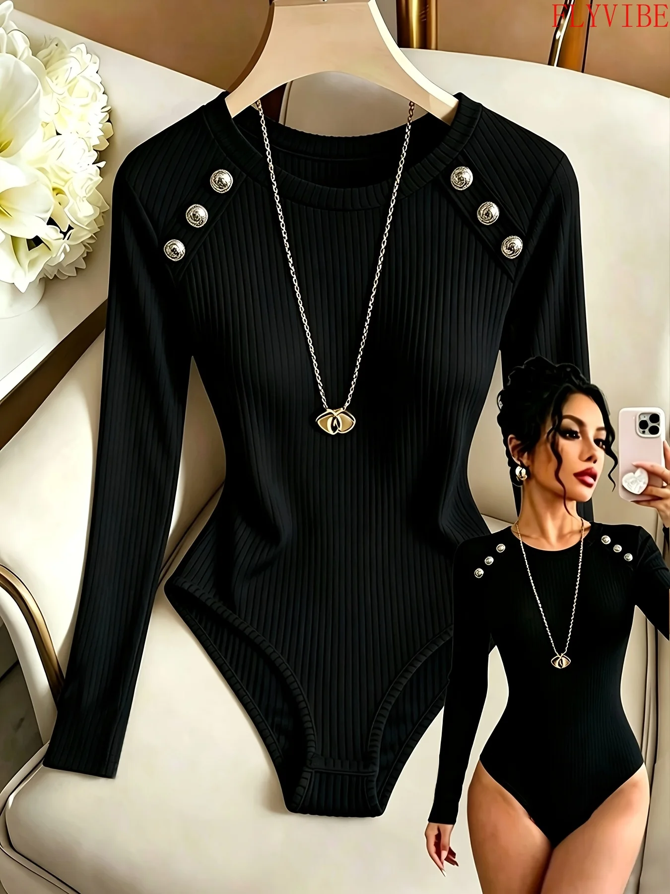 Women Solid Ribbed Long Sleeve Round Neck Tight Top Fake Button Decor Elegant Base Layer Slim Fit Casual Basic Tee