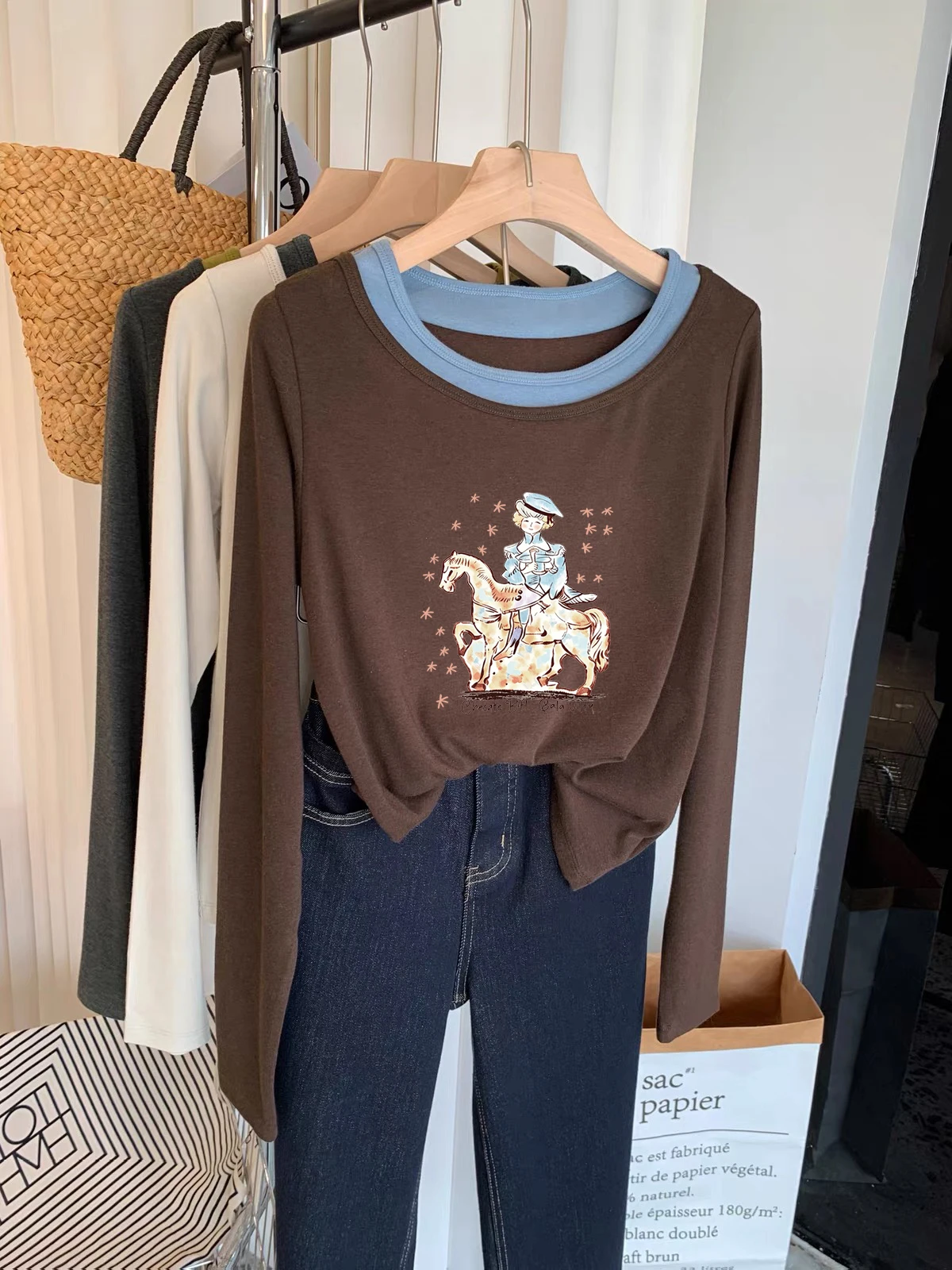 Retro American Style Long Sleeve T-Shirt Women's Autumn Winter New Fashion Print Soft Base Layer Top Color Block Design