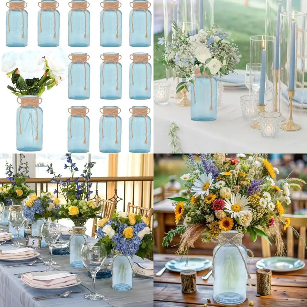 

Bulk Vintage Blue Glass Flower Vases, 12-Piece Set for Weddings, Parties, Home Decor, Farmhouse Style Centerpieces