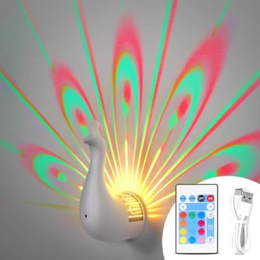 

Peacock Wall Lamp, 7 Colors Atmosphere Peacock Night Lights, Dimmable Touch Lamp for Bedroom, with Remote Control, Timing Funct