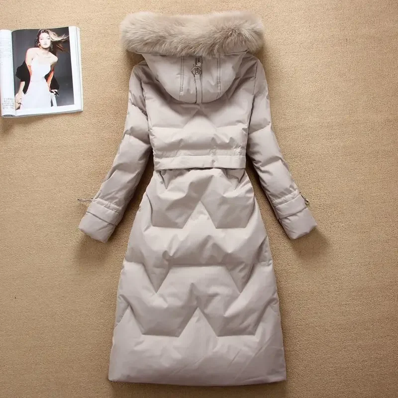 Winter Women\'s White Duck Down Jacket Real Fox Fur Collar Fashion Korean Version Slim Down Jacket Medium Length Parkas