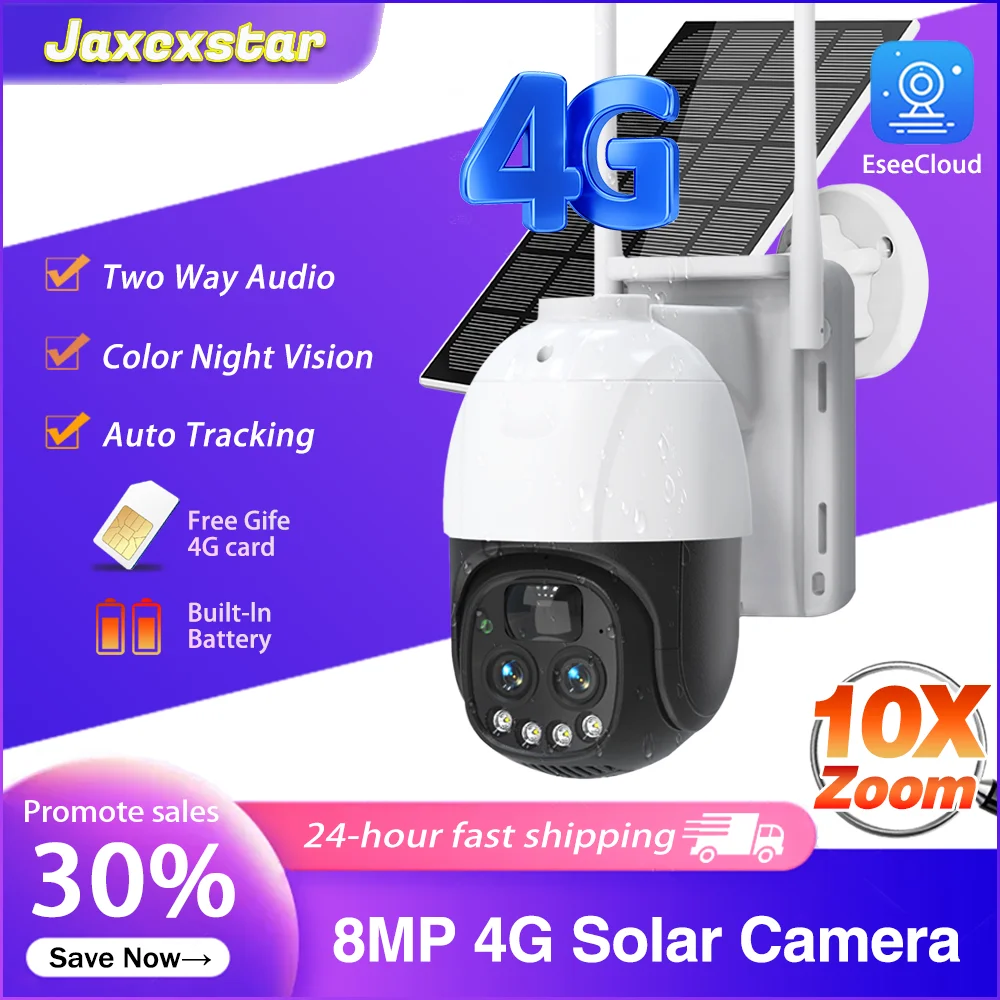 

4G Solar Camera10X Zoom 4K 8MP Built in Battery IP PTZ Security Camera Two Way Audio PIR Detection Wireless Outdoor CCTV Camera