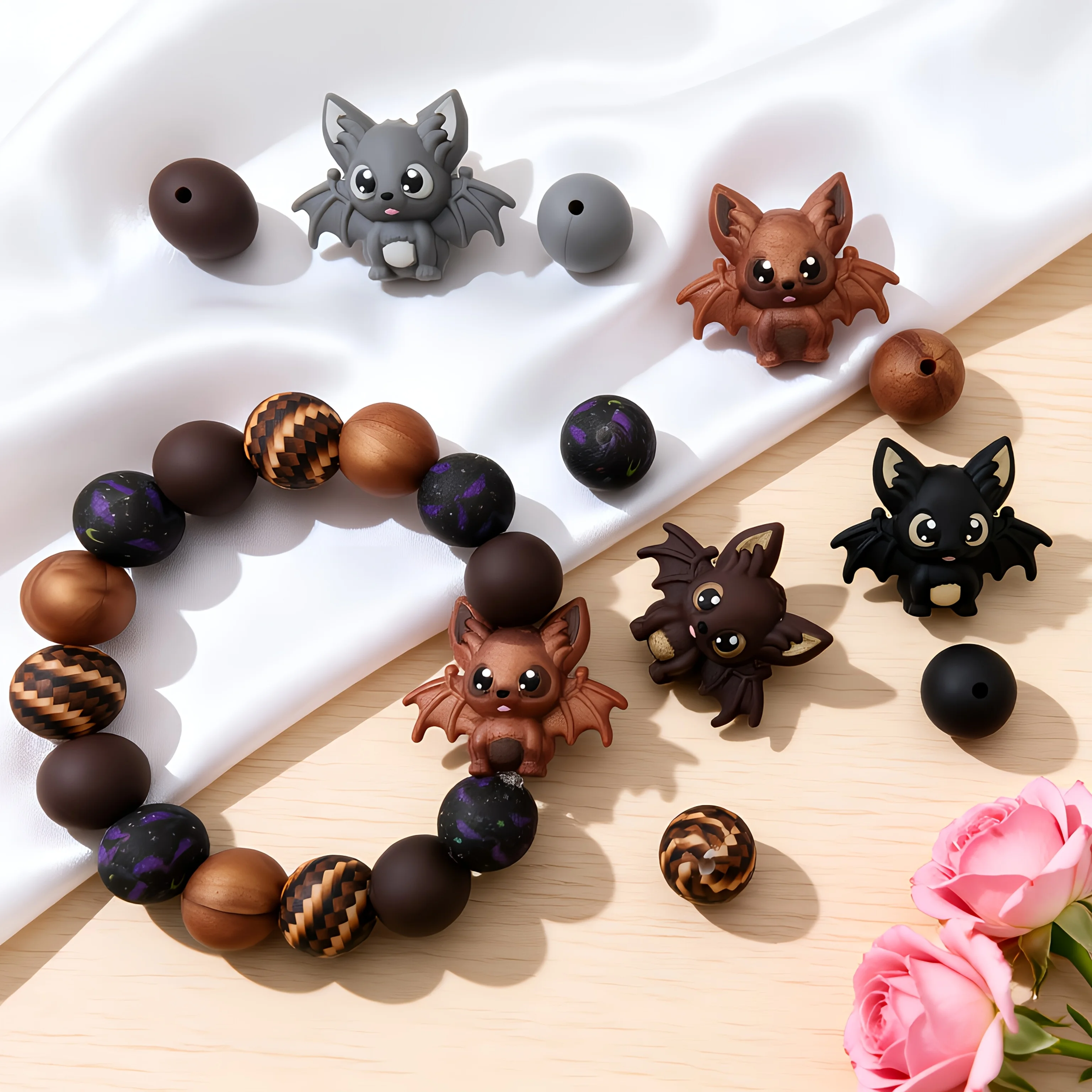 32/34-teiliges Silikonperlen-Set mit Fledermaus-Motiv für DIY-Perlenketten, Armbänder, Stifte, Schmuck, Anhänger usw. Geburtstagsgeschenk für die Feiertage – Detail 3
