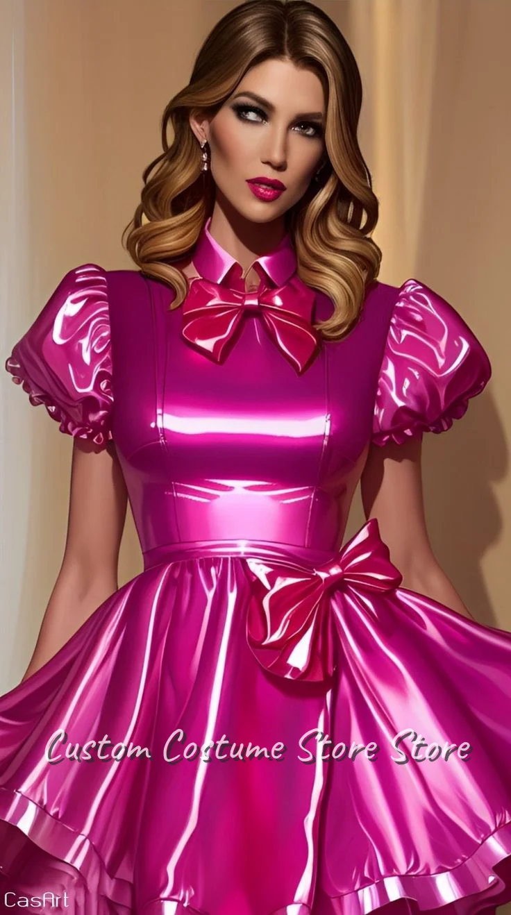 

Customized Deep Pink Bow Evening Dress Shiny High Neck Bubble Sleeve Waisted Puffy Ruffle Hem Mini Prom Dresses Birthday Party