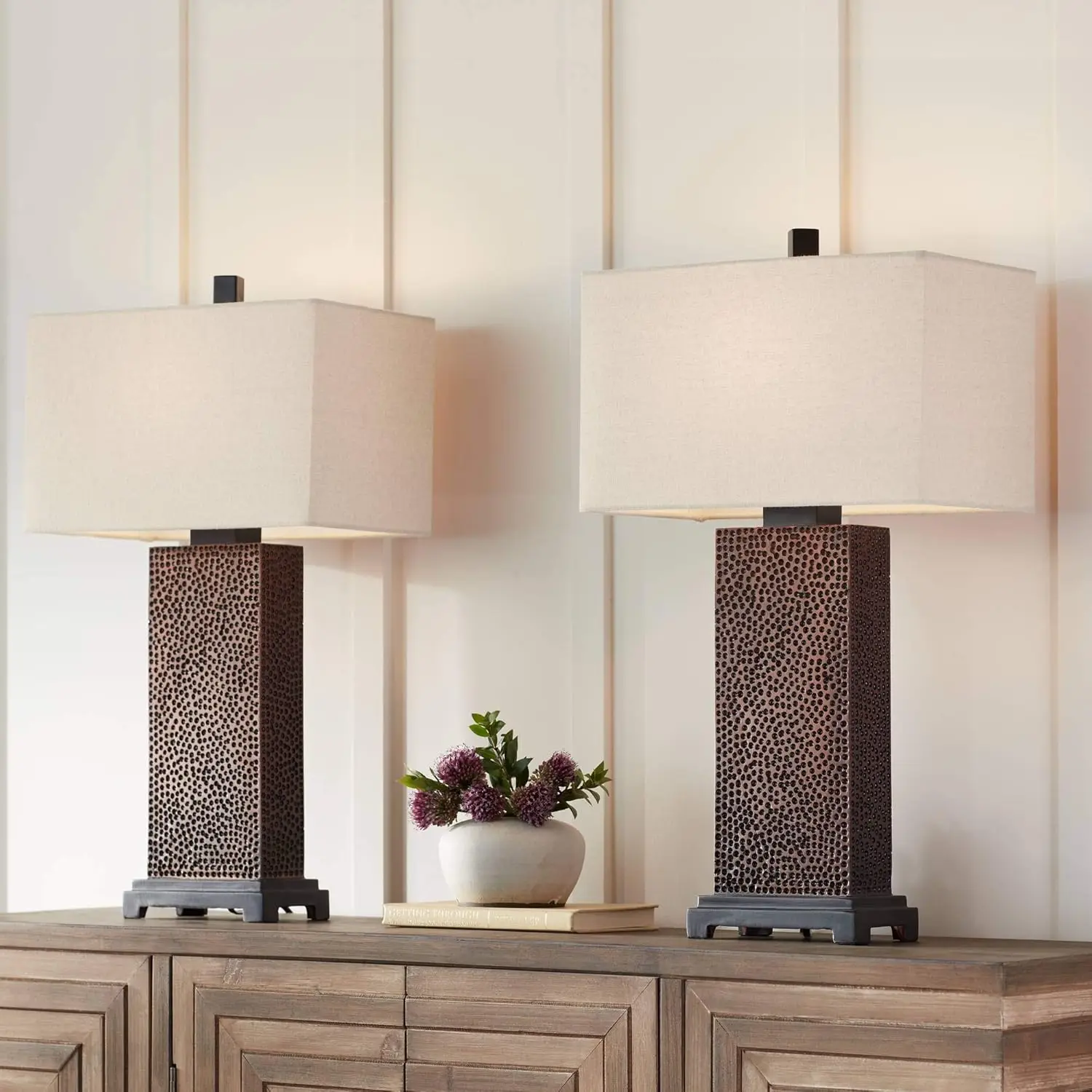 

Lighting Caldwell Rustic Farmhouse Table Lamps 24.75" Tall Bronze Hammered Textured Fabric Rectangular Shade for Bedroom Li